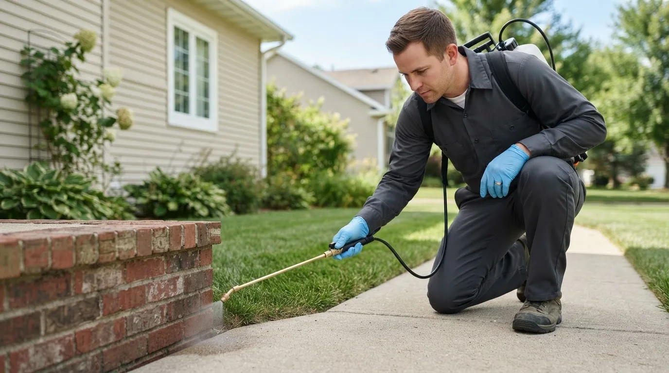 Pest control technician treating a home near South Rockwood, MI